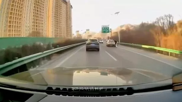 可怕的时刻，在繁忙的道路上，小男孩从行驶的汽车上摔了下来，汽车压坏了他的脚